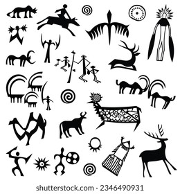 A series of petroglyphs, rock paintings of Central Asia, isolated on white background, vector design