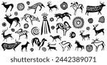 A series of petroglyphs, rock paintings, isolated on white background, vector design