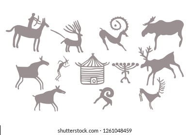 A series of petroglyphs, rock paintings of Siberia, vector design