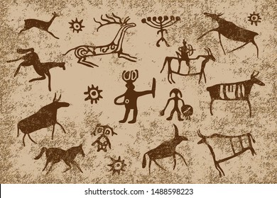 A series petroglyphs  rock paintings Siberia  vector design