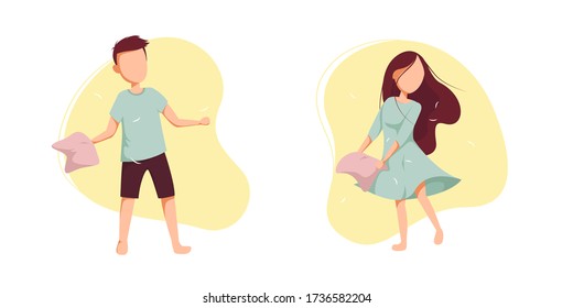 A series of pictures. Pillow fight in pajamas. Pajama party. Time at home during quarantine. Vector illustration on isolated background.