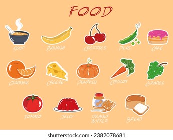 A series of pictures related to food. These are fruits, vegetables, dishes, baked goods and more.