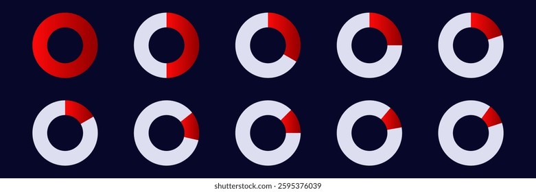 Series of pie charts showcasing different proportions using red and gray segments, indicating data variability.