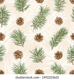 Series with pine branches, cones. Botanical seamless pattern. Christmas background with conifers. Print in a linear graphic style. Ornament for wrapping paper, textiles, wallpaper.  Traditional colors
