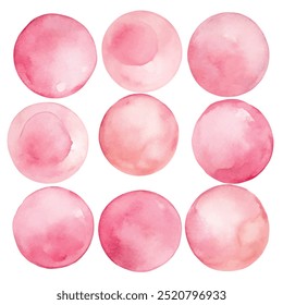 A series of pink circles painted on a white background. The circles are all different sizes and are arranged in a grid pattern. Scene is soft and feminine