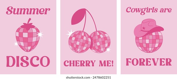 Series of pink party posters, disco, cowgirl, summer, wild west theme