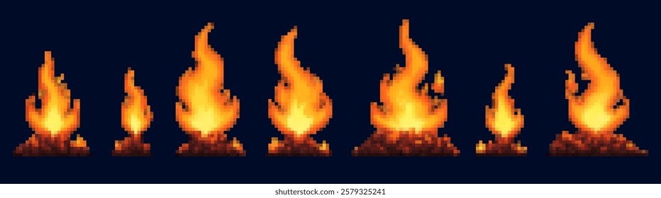A series of pixel art flames, showcasing different sizes and shapes of fire. The flames are bright orange and yellow, set against a dark blue background, creating a vibrant contrast.