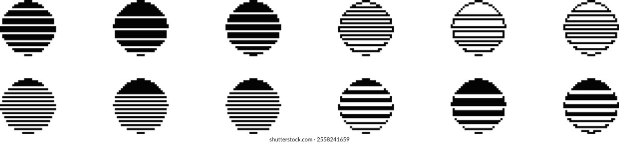 A series of pixelated oval shapes with varying line thicknesses in black and white.