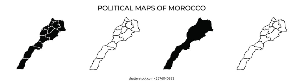 A series of political maps displays the geographical divisions of Morocco. Each map highlights different regions, showcasing boundaries and territories in varying detail.