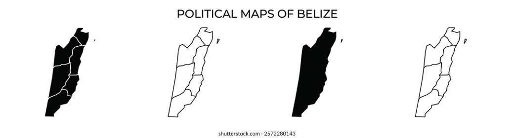 A series of political maps illustrates the different administrative divisions of Belize. Each map showcases geographic boundaries, highlighting changes in political regions.