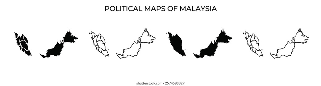 A series of political maps showing the geographic evolution of Malaysia. Each map highlights distinct areas, illustrating different administrative divisions and boundaries.