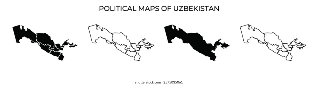 Series of political maps of Uzbekistan presenting different territories and regions. Each map illustrates boundary changes and political divisions, providing a clear geographical understanding.