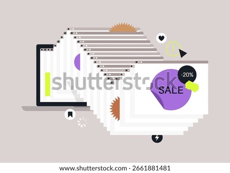 A series of pop-up ad windows appear to cascade down a computer screen, creating a sense of overwhelming digital clutter