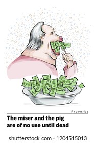 Series of postcards with a piglet. Proverbs and sayings per month. The miser and the pig are of no use until dead. A man with a pig s face eats money. Dollars on a fork and a plate. Watercolor style