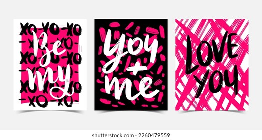 A series of postcards in the style of brutalism for Valentine's Day. Postcards with lettering on February 14. Design of bright postcards for a declaration of love.