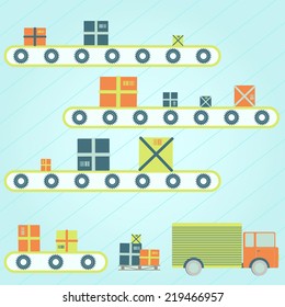 Series production. Packages on a conveyor. Truck delivery.