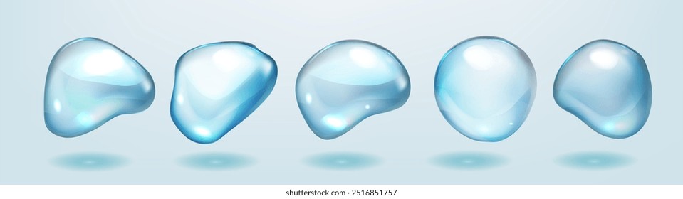 A series of realistic blue spheres are floating in the air. The spheres are all different sizes and are scattered throughout the image