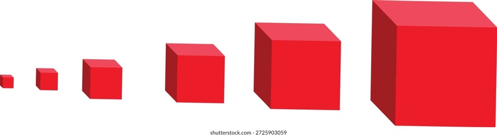 Serie de cubos 3D rojos en tamaño creciente dispuestos en una fila sobre un fondo blanco  
