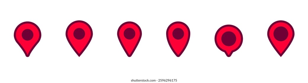 A series of red map pins showing different design stages. each pin has a distinct style variation.