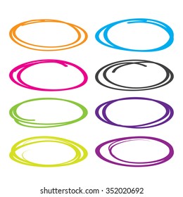 Series of red, yellow, blue, brown, green  highlight pen circle, hand draw circles set in various colors.