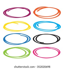 Series of red, yellow, blue, brown, green  highlight pen circle, hand draw circles set in various colors.
