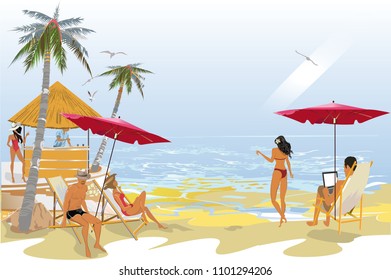 Series of relax summer backgrounds with people and sea beach. Feathers and comfortable hammock. Hand drawn illustration.