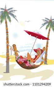 Series of relax summer backgrounds with people and sea beach. Feathers and comfortable hammock. Hand drawn illustration.
