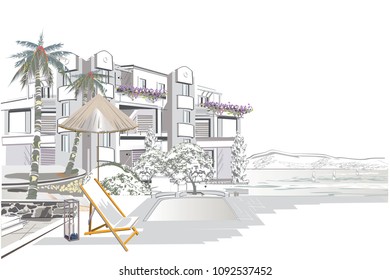 Series of relax summer backgrounds with resort building views and seacoast. Hand drawn vector illustration. 