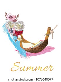 Series of relax summer backgrounds with sunlight and sea beach. Feathers and comfortable hammock. Hand drawn illustration.