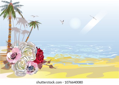 Series of relax summer backgrounds with sunlight and sea beach. Feathers and comfortable hammock. Hand drawn illustration.