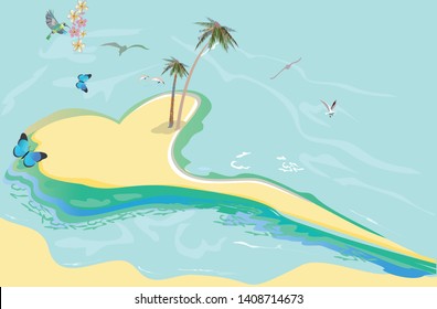 Series of relax summer backgrounds with sunlight and sea beach. Island in the form of heart in the ocean. Hand drawn illustration.