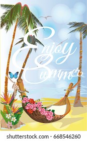 Series of relax summer backgrounds with sunlight and sea beach. Roses and comfortable hammock. Hand drawn illustration.