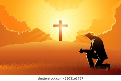 A series of religious vector illustrations of a man praying with a cross and a light burst on a hill in the background. Sincerity, hope, God mercy concept