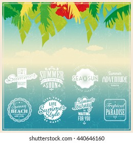 series of retro summertime holiday tourism tag sticker for antique design of travel corporation on tropical sea background tour drive vacation summertime scenery community palm travel isolated aquatic