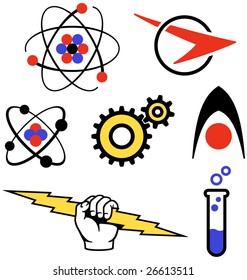 A series of retro-styled logo elements.