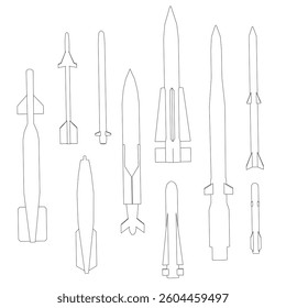 A series of rocket designs are shown in black and white. The rockets are all different shapes and sizes, with some being long and thin and others being short and stubby. Scene is one of creativity