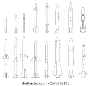 Una serie de diseños de cohetes se muestran en blanco y negro. Los cohetes varían en tamaño y forma, algunos son largos y delgados y otros son cortos y anchos. La escena es de creatividad e innovación