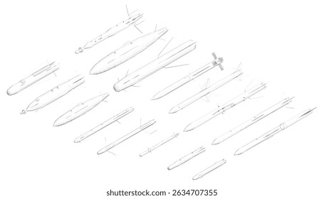 Una serie de diseños de cohetes se muestran en una línea, con el primer cohete siendo el más corto y el último cohete siendo el más alto. Vista isométrica