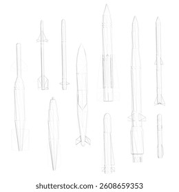 A series of rockets are shown in various sizes and positions. Concept of motion and power, as the rockets appear to be in motion or about to launch. Scene is one of excitement and anticipation