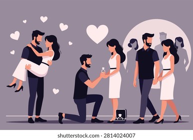 Series of romantic scenes showing a man carrying his partner, proposing on one knee, and walking together hand in hand.