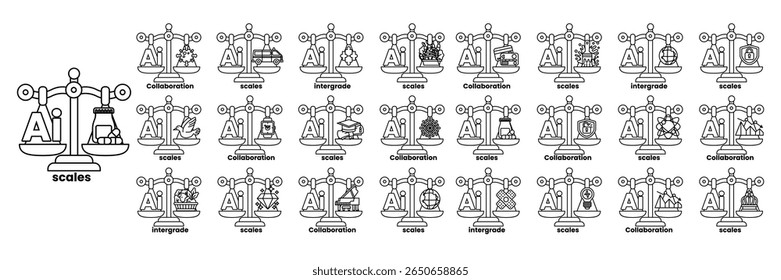 A series of scales with a variety of objects on them. The scales are labeled with the word "scale" and the objects are labeled with their names