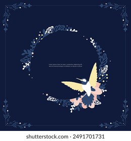 Series of scandinavian style floral wreath flower background frame decoration paper page card notes memo greeting invitation template in blue navy color