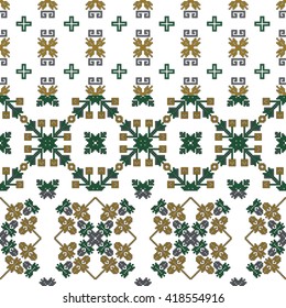 series of seamless patterns of square pixels on a white background. Mostly yellow-gold color with accents of other color elements. Vector graphics. For the interior design, wallpaper, textile 
