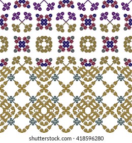 series of seamless patterns of square pixels on a white background. Mostly yellow-gold color with accents of other color elements. Vector graphics. For the interior design, wallpaper, textile 