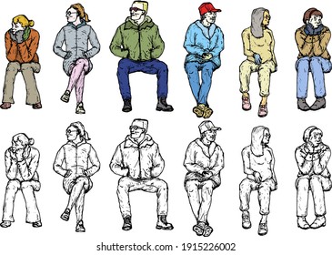 Series of seated people waiting in a queue. Hand drawn vector illustration.