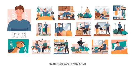 Series of sequential scenes showing the daily life of a young man from waking up to going back to bed at night, colored vector illustration