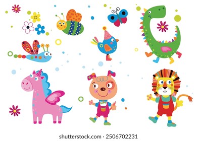 Series set of children's vector bright animal characters print for printing on clothes and paper