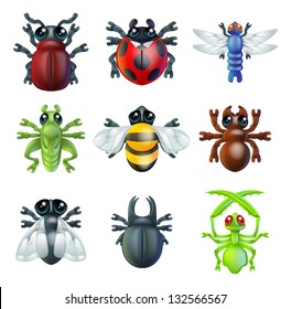 A series set of colourful insect bug icons, including ladybird mantis dragonfly bee ant grasshopper fly and other beetles