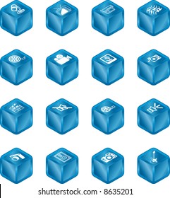 A series set of cube icons relating to various types of media.
