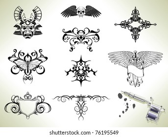 Series set of tattoo flash design elements with tattooists gun or machine